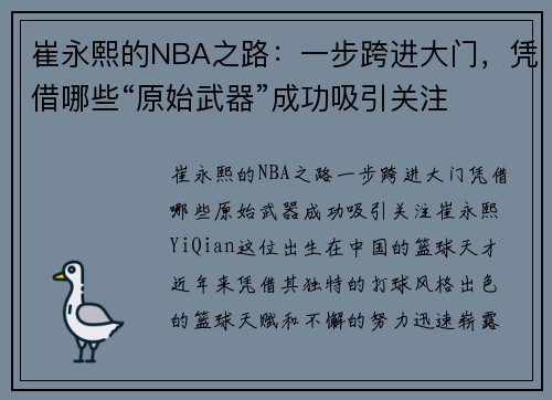 崔永熙的NBA之路：一步跨进大门，凭借哪些“原始武器”成功吸引关注
