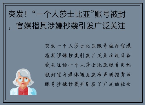 突发！“一个人莎士比亚”账号被封，官媒指其涉嫌抄袭引发广泛关注