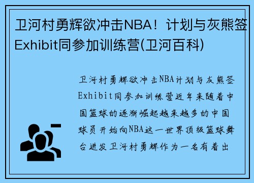 卫河村勇辉欲冲击NBA！计划与灰熊签Exhibit同参加训练营(卫河百科)