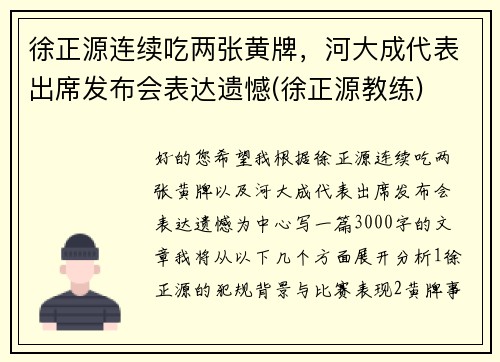 徐正源连续吃两张黄牌，河大成代表出席发布会表达遗憾(徐正源教练)