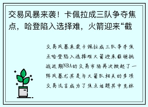交易风暴来袭！卡佩拉成三队争夺焦点，哈登陷入选择难，火箭迎来“截胡”挑战