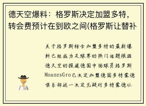 德天空爆料：格罗斯决定加盟多特，转会费预计在到欧之间(格罗斯让替补)