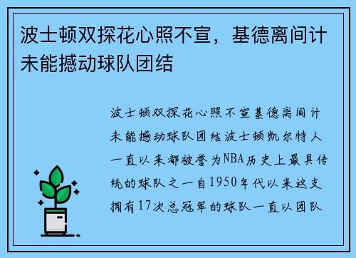 波士顿双探花心照不宣，基德离间计未能撼动球队团结