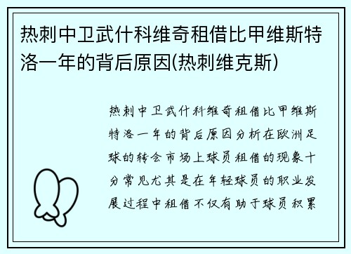 热刺中卫武什科维奇租借比甲维斯特洛一年的背后原因(热刺维克斯)