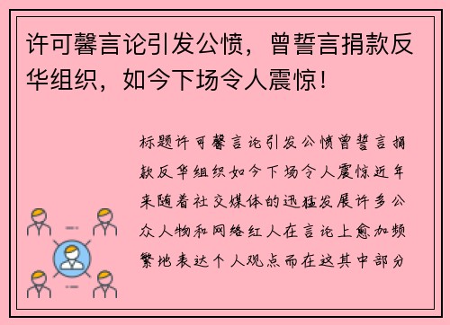 许可馨言论引发公愤，曾誓言捐款反华组织，如今下场令人震惊！