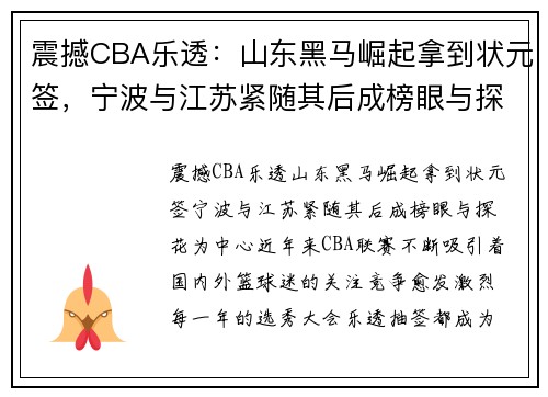 震撼CBA乐透：山东黑马崛起拿到状元签，宁波与江苏紧随其后成榜眼与探花